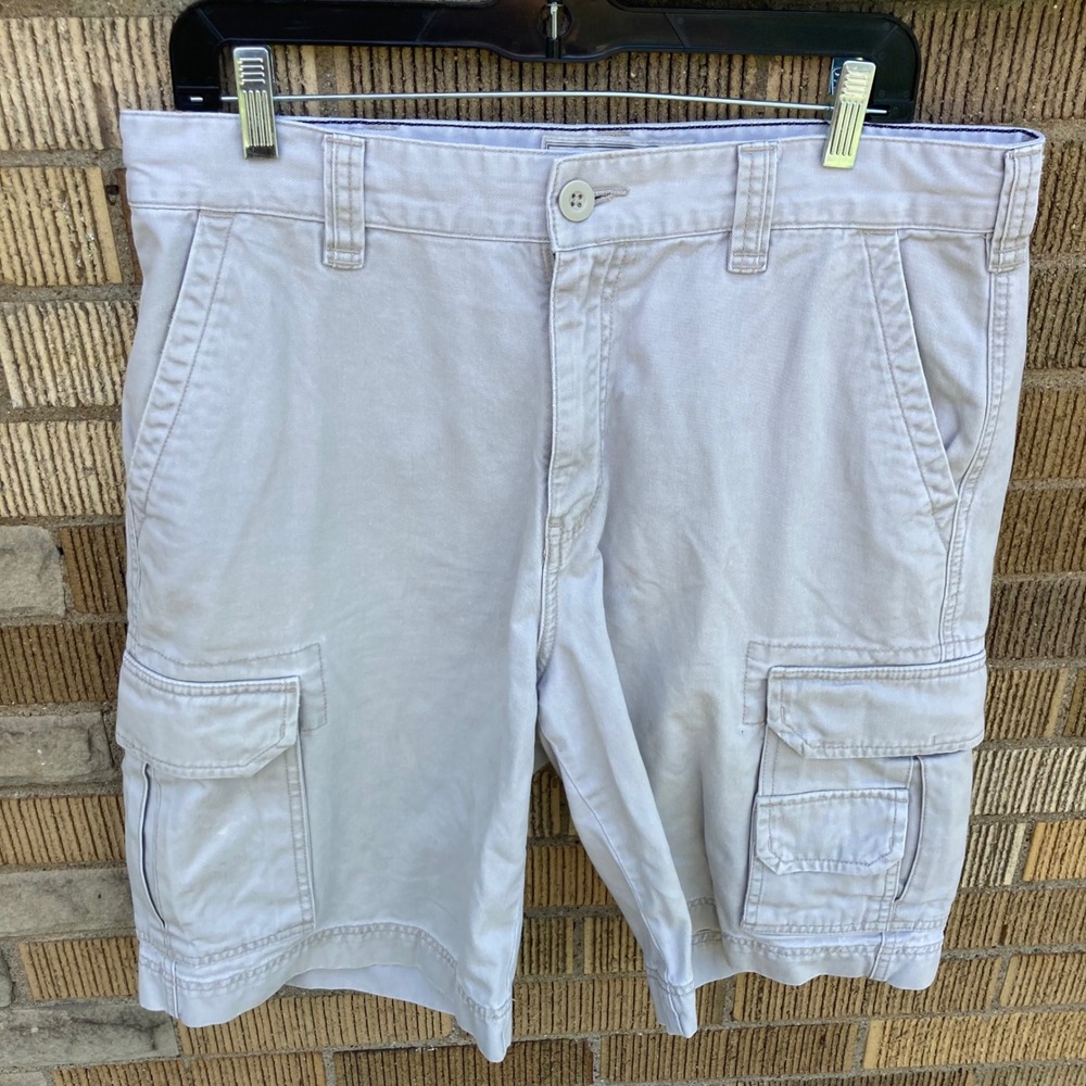 Merona Mens Original Cargo Shorts Light Khaki Grey Cotton Twill Size 34 Utility
